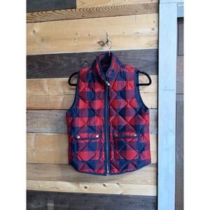 J. Crew Excursion Buffalo Check Plaid Quilted Down Puff Vest Size PS Navy Blue